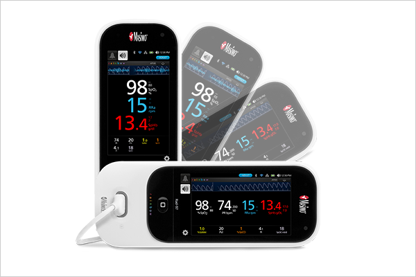 Masimo Rad-97 monitors shown in rotating upright and horizontal positions to illustrate adjustable screen orientation.